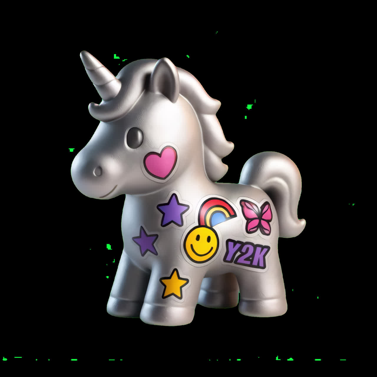 Cute metallic unicorn toy animation isolated asset, transparent 4K video, alpha channel, ProRes 4444