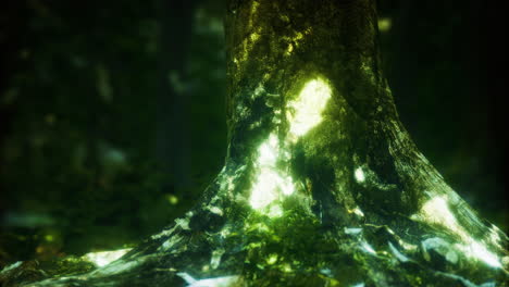 vibrant colors illuminate tree trunk in lush forest during early morning