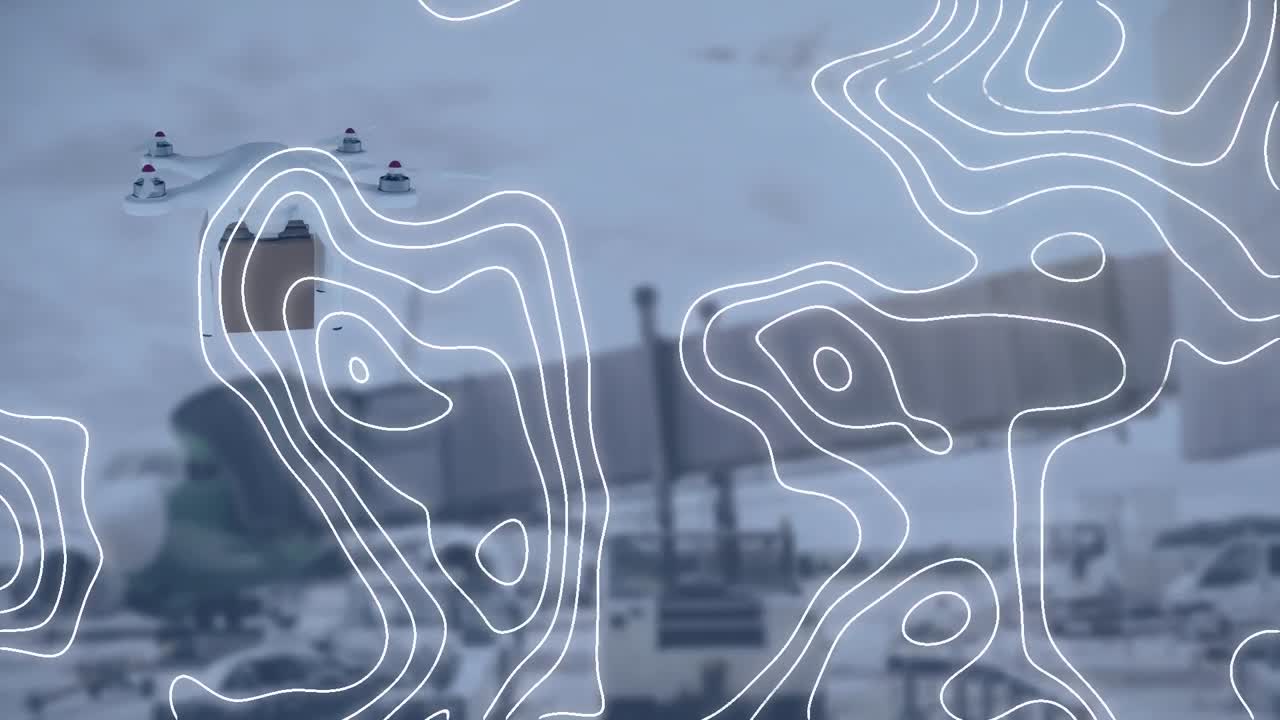 animación de líneas blancas y dron digital sobre el aeropuerto