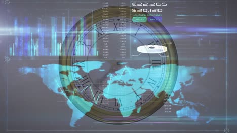 Animación-Del-Procesamiento-De-Datos-Y-Mapa-Mundial-Sobre-El-Reloj-Moviéndose-Rápidamente