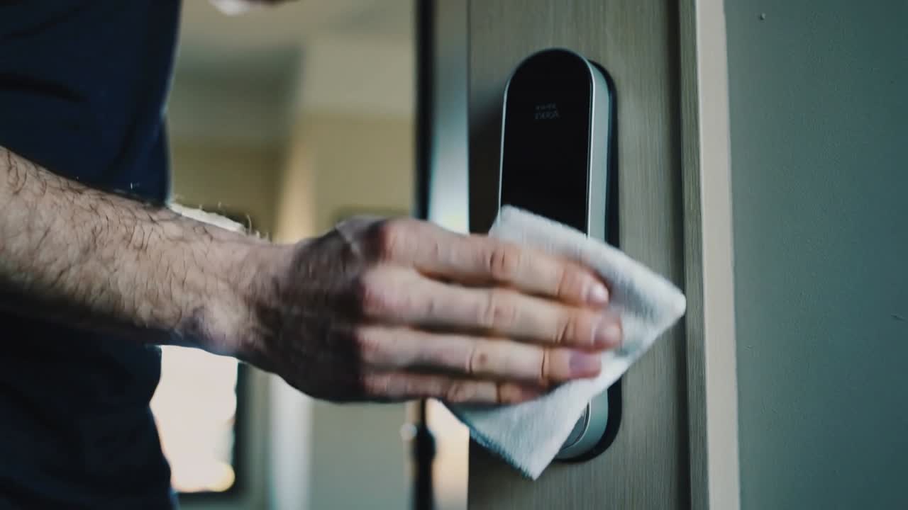 Wiping male hand entering left, cleaning smart lock in home, wearing dark tee, sanitizing with wipe