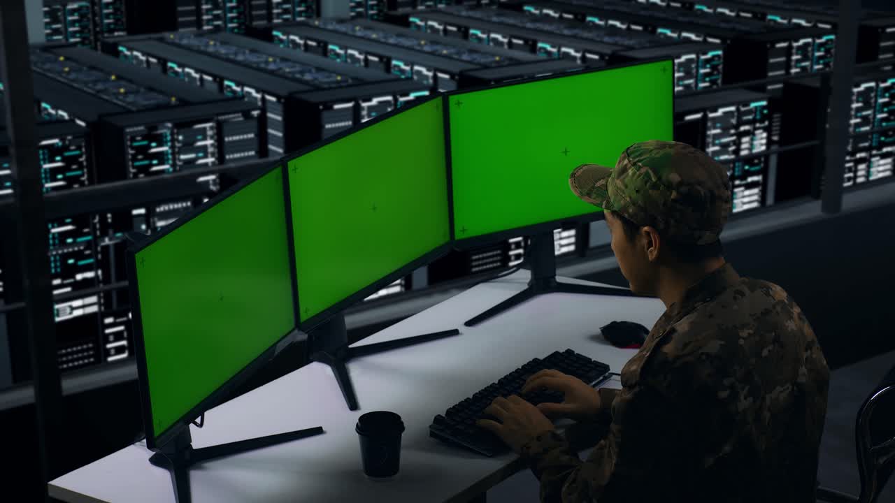 vista lateral de militares asiáticos trabajando con simulacro de múltiples monitores de computadora en el centro de datos