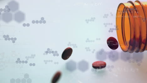 animación de estructuras químicas flotantes y ecuaciones matemáticas sobre píldoras que caen