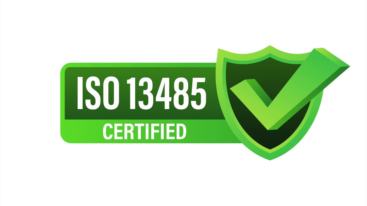 insignia certificada iso 13845, icono, sello de certificación, diseño plano.