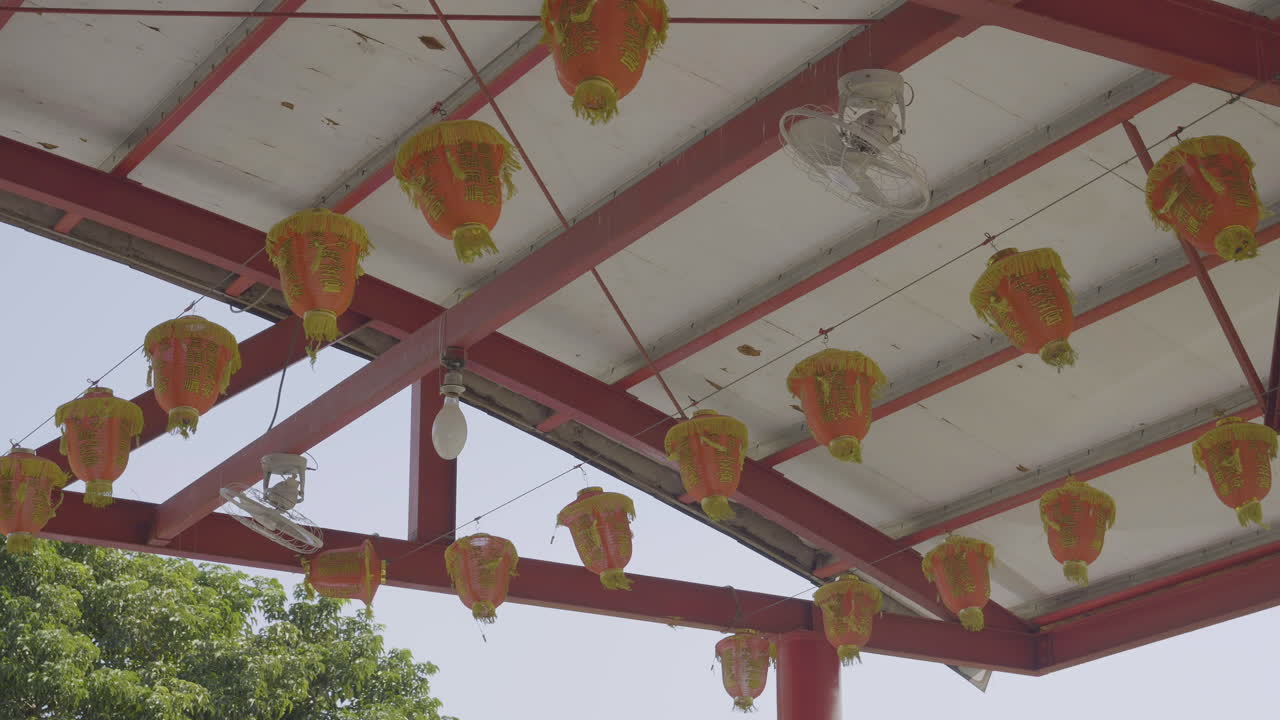 Traditional Rice Lanterns Swaying in Temple Interior, Low Angle