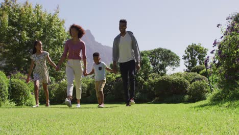 portrait of happy african american parents, daughter and son walking holding hands
