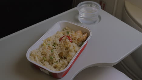 in plane on table is disposable tableware with a dish of rice and chicken and a woman eats food with a fork