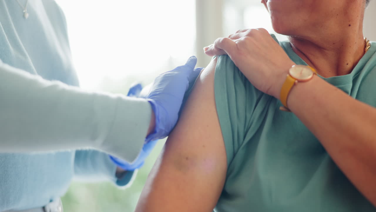 Doctor, woman arm and needle for injection