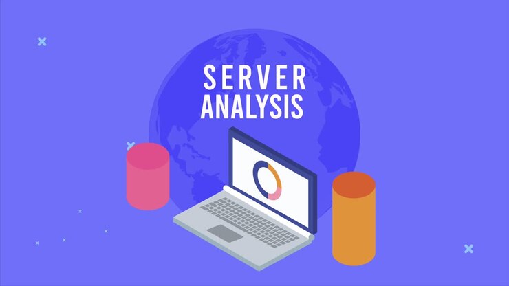 data server analysis animation with laptop and statistics bars
