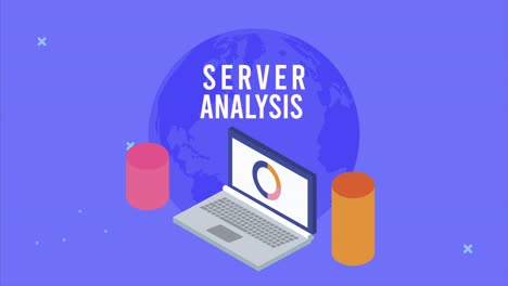 animación de análisis de datos del servidor con computadora portátil y barras estadísticas