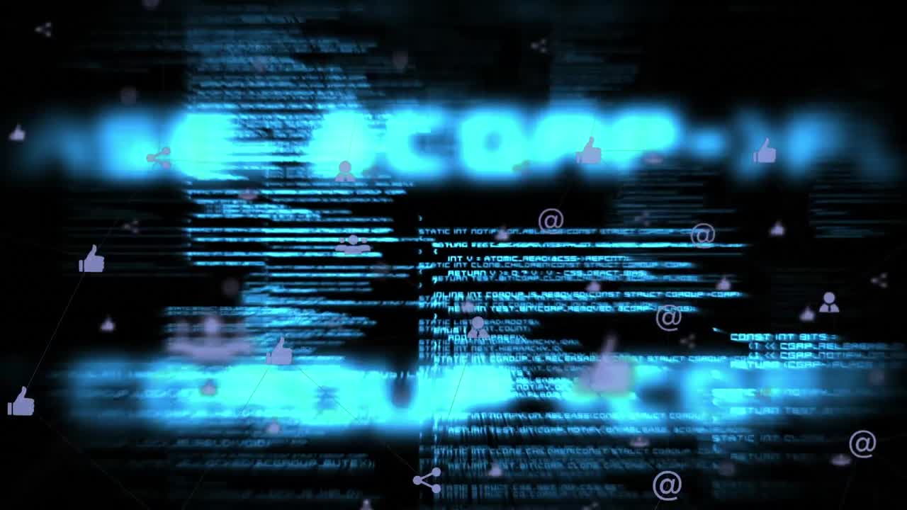 Animation of network of digital icons over data processing against black background