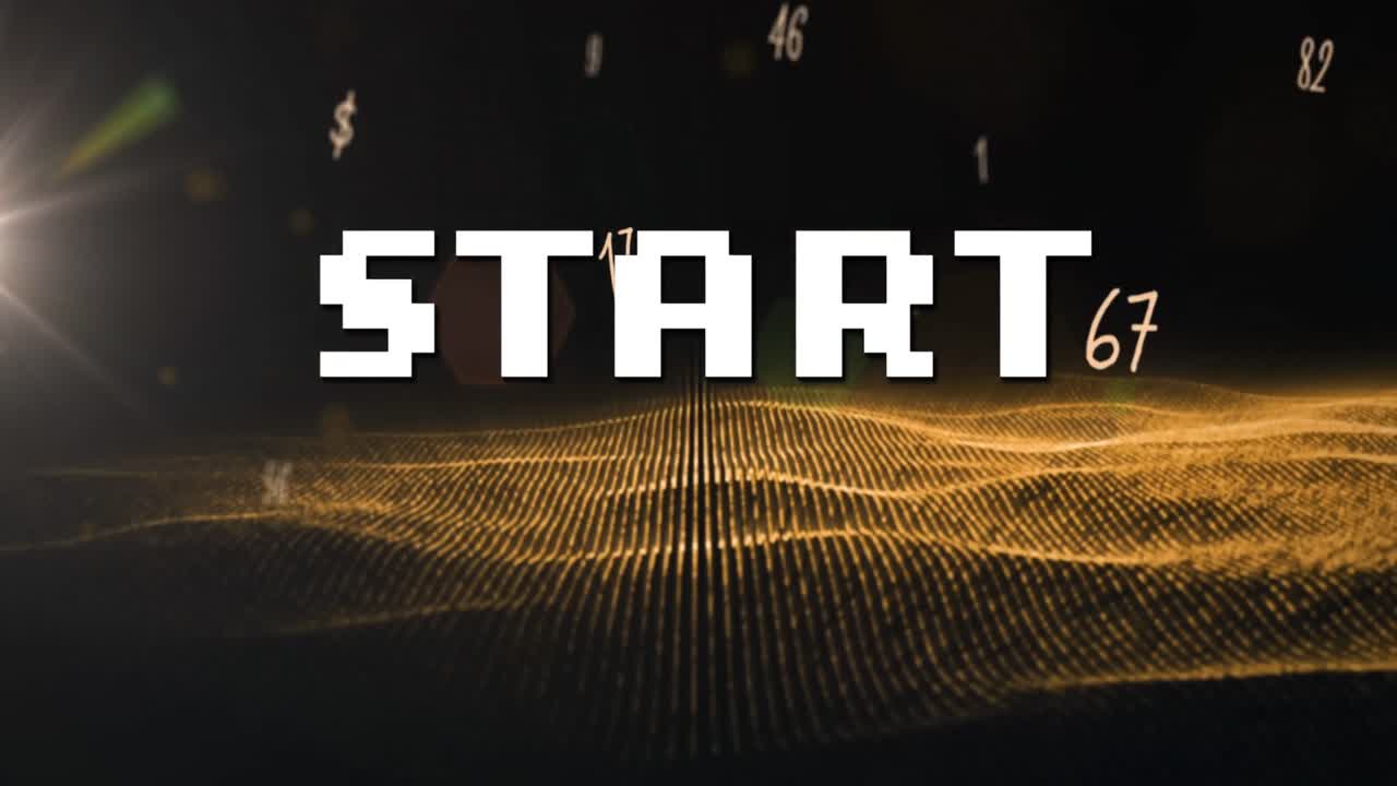 animación del texto de inicio sobre números y malla dorada que fluye