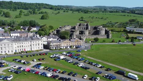 sunny touristic beaumaris castle town aerial view ancient anglesey fortress landmark zooming in