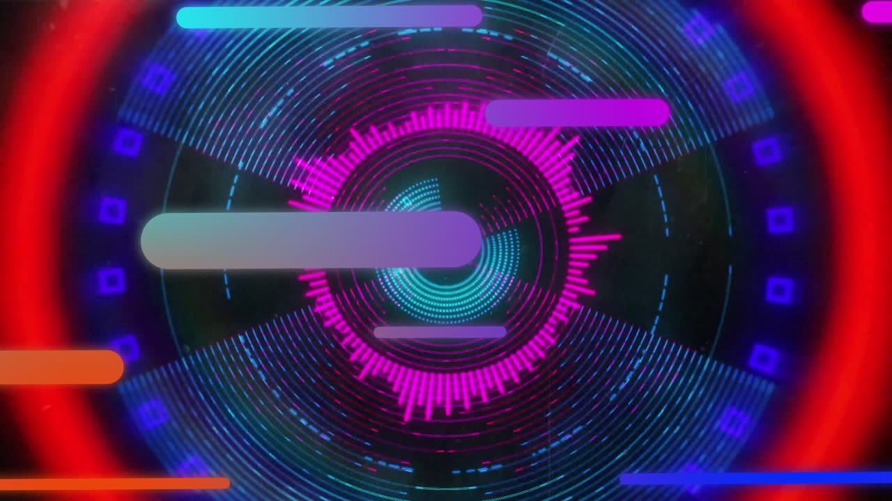 Animation of gradient shapes, purple digital wave exploding against neon tunnel in seamless pattern