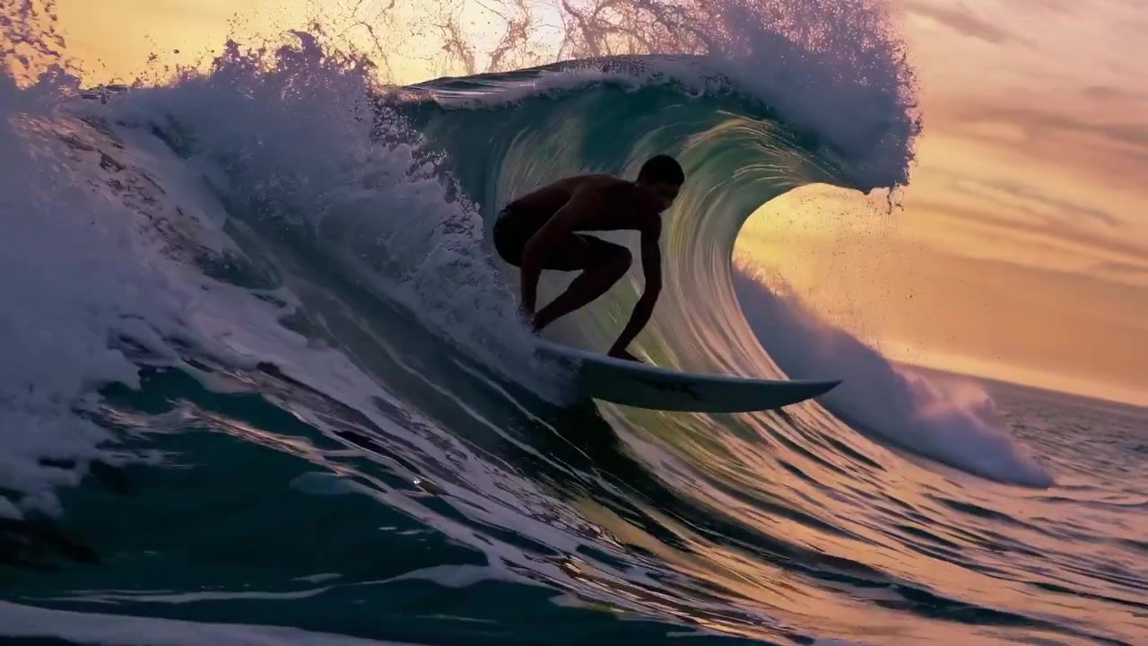 Surfista che cavalca una grande onda a tubo al tramonto