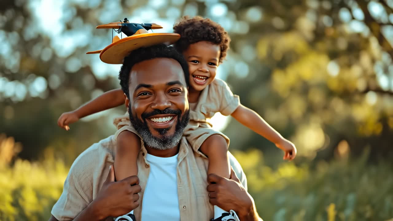 Pai e filho aproveitam atividades ao ar livre. Um homem passeia com seu filho sorridente, carregando-o nos ombros em um parque ensolarado. Eles compartilham alegria e diversão na natureza.