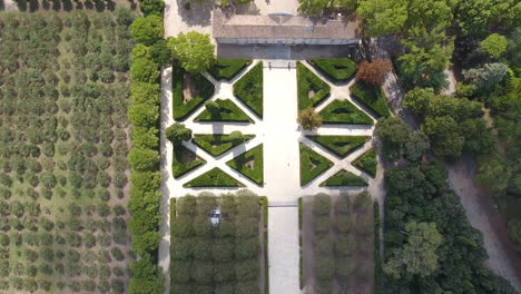 French-formal-garden-in-Montpellier,-domain-d'o-old-country-mansions-by-drone