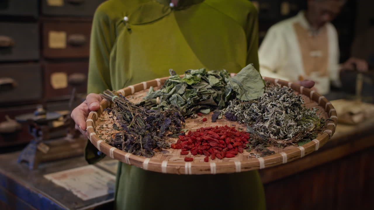 Druggist Holding Tray with Dried and Ground Herbs at Apothecary
