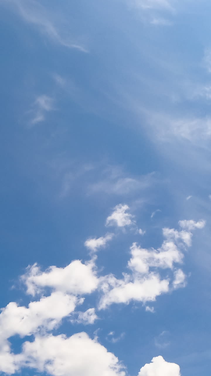Beautiful light cirrus clouds in the atmosphere. Little clouds lit with hot summer sun. Low angle view. Timelapse. Vertical video