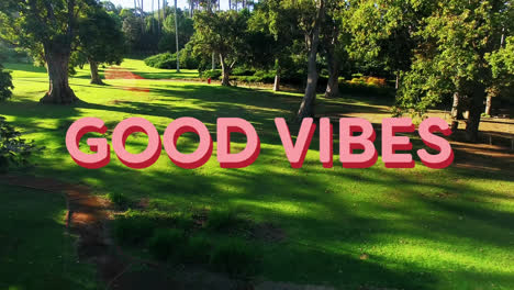 animation of good vibes text over trees