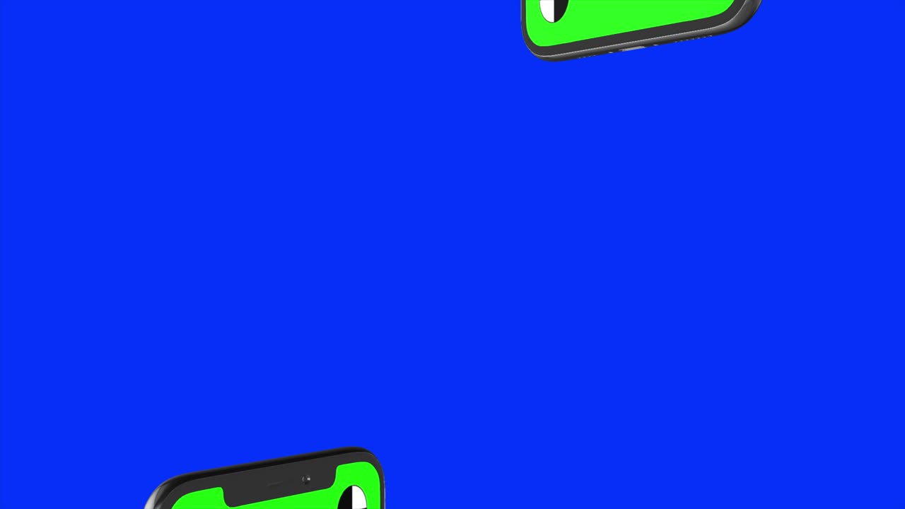 Two smartphones on blue background. Easy customizable green screen. Computer generated image.