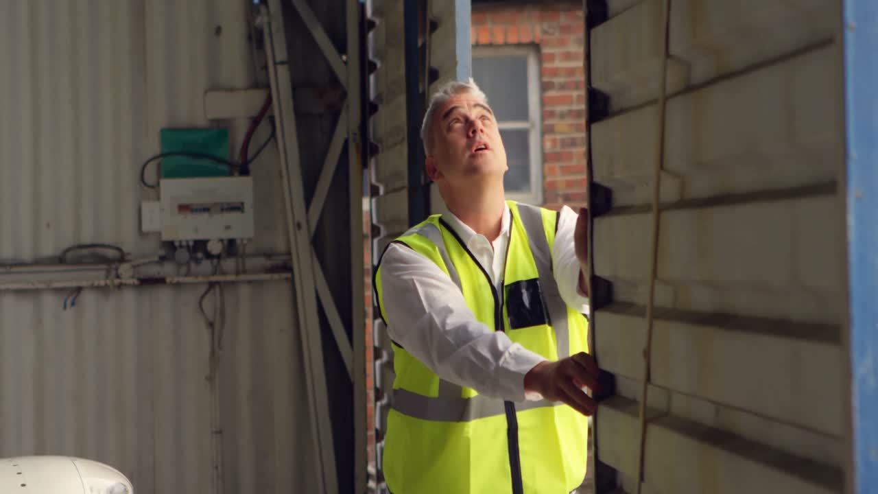 ingeniero masculino abriendo el obturador del hangar 4k