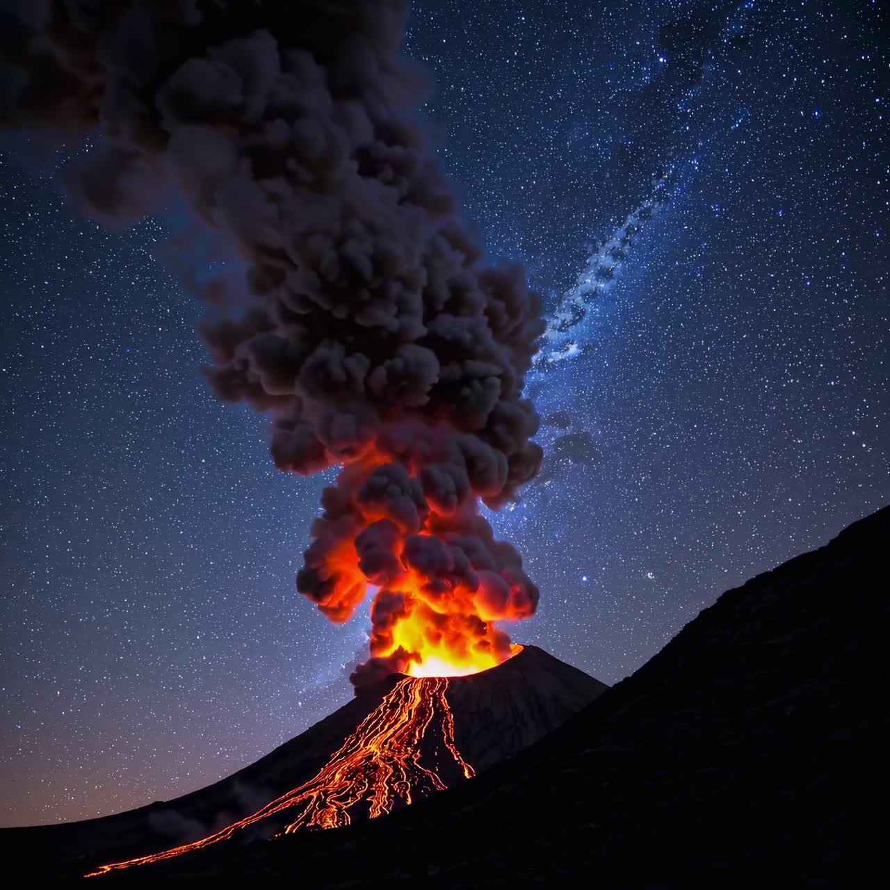 Dramatic low-angle video shot of an erupting volcano under a starry sky, capturing fiery lava