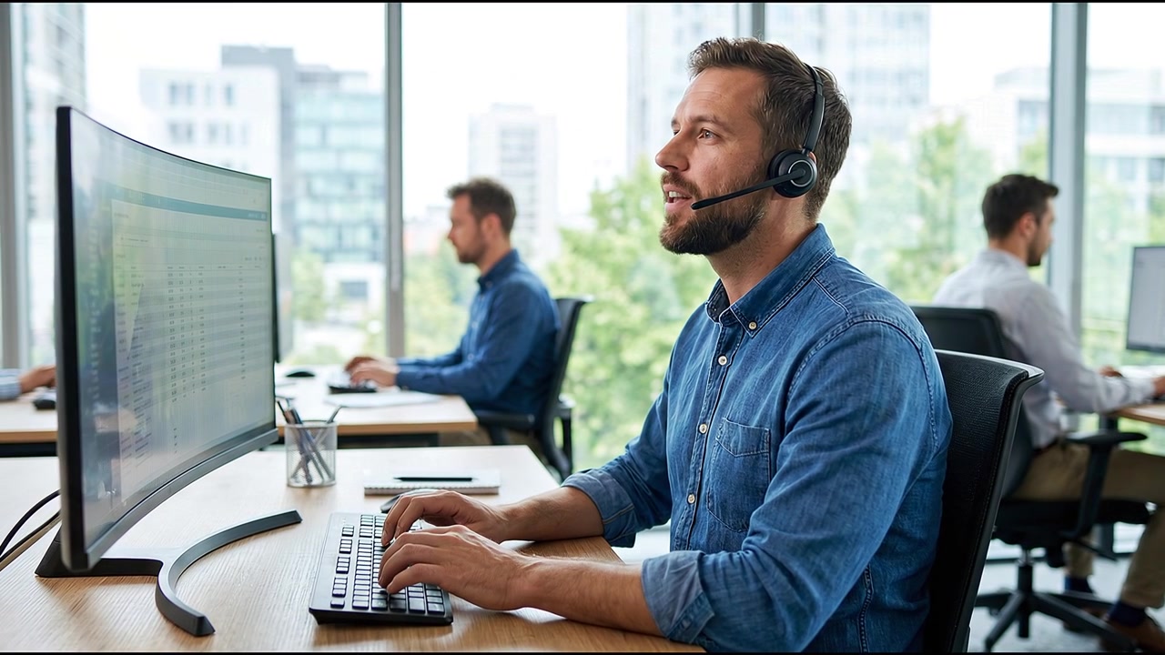 Customer support executive working with headset at modern office desk using widescreen computer monitor