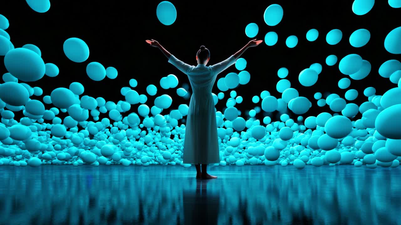 In a mesmerizing digital realm, a figure clad in a flowing white garment stands amidst a sea of luminous blue spheres, arms outstretched, inviting an enchanting interaction with the vibrant visual display