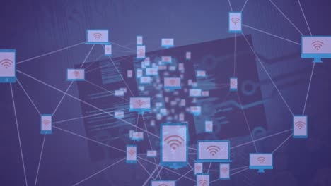 Animation of network of connections with icons over data processing
