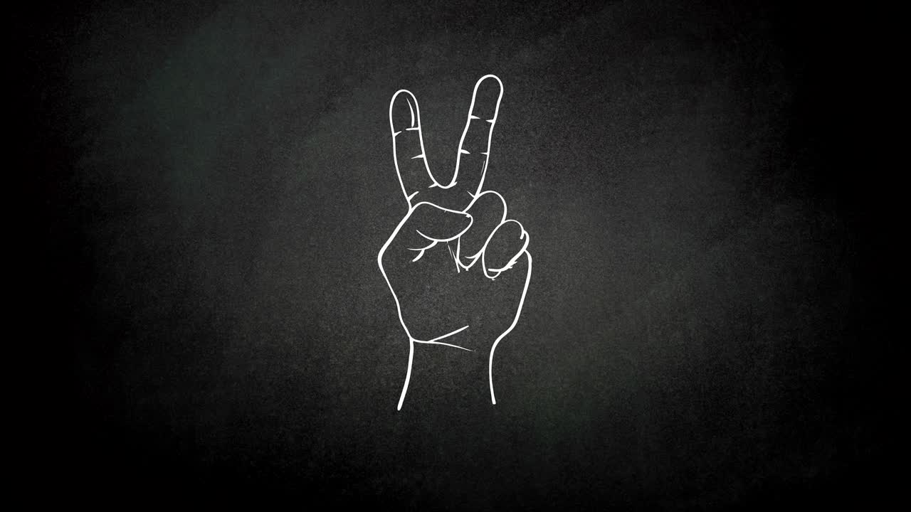 4k video of hand Drawing process of a hand which doing peace and victory sign, sketch on 3 different backgrounds, paper background, chalkboard background and green screen background
