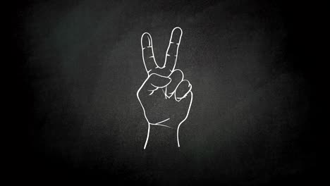 4k video of hand drawing process of a hand which doing peace and victory sign, sketch on 3 different backgrounds, paper background, chalkboard background and green screen background