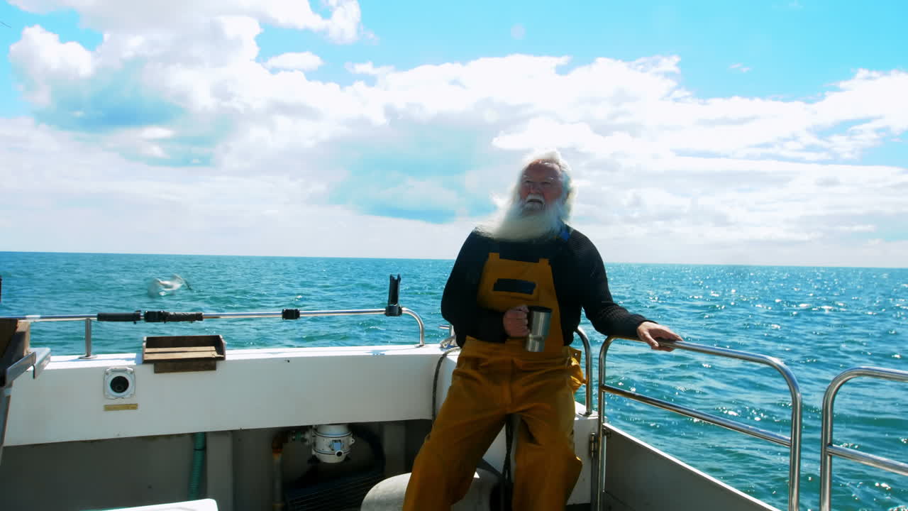 Pescatore che beve una tazza di caffè