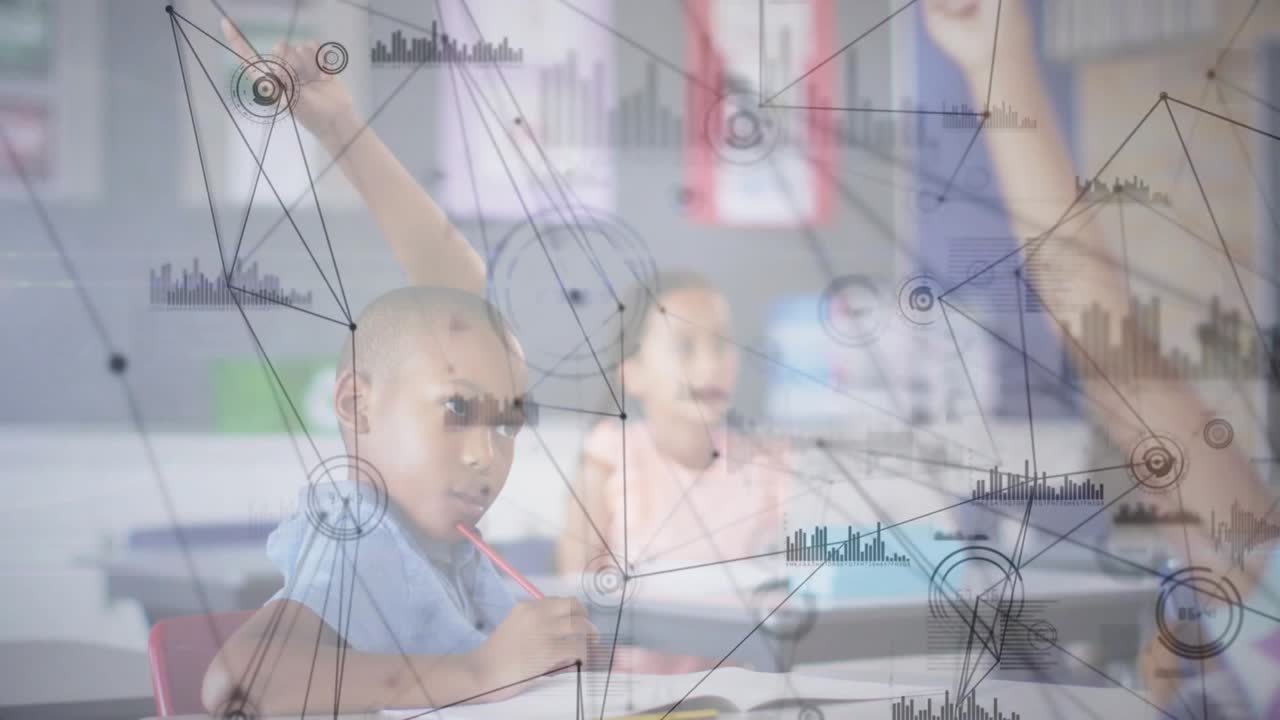 Teacher cueing pupil blue polo looking up raising hand for answering, camera closing, overlay idle