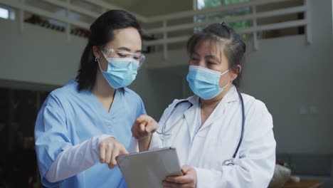 Portrait-of-asian-female-doctors-wearing-face-masks,-using-tablet-and-discussing-in-hospital