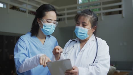 portrait of asian female doctors wearing face masks, using tablet and discussing in hospital