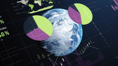 Animation-of-multicolored-graphs,-trading-board,-map-and-timer-over-rotating-globe