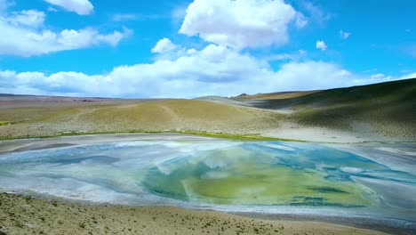 Drone-shot-across-green-and-turquoise-lagoon-in-the-north-of-Chile,-near-Argentinean-border,-San-Pedro-de-Atacama-region