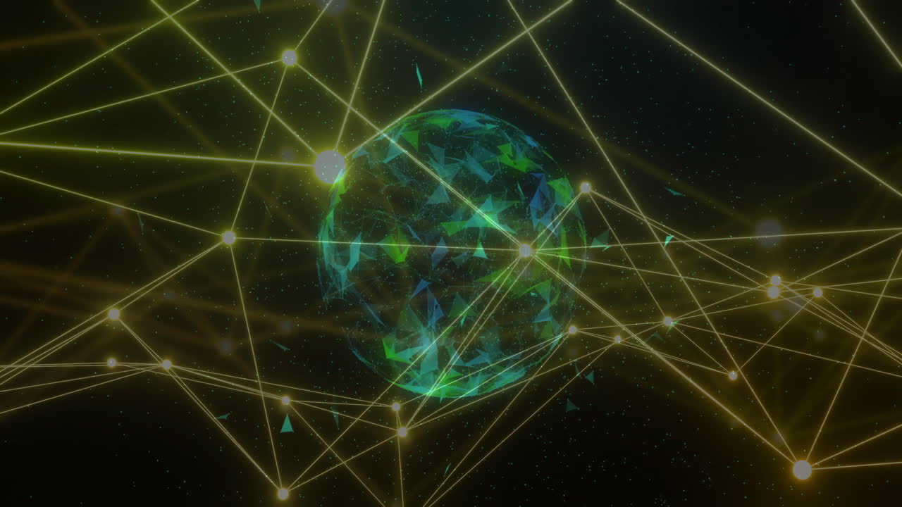 Animation of network of connections over globe of shapes