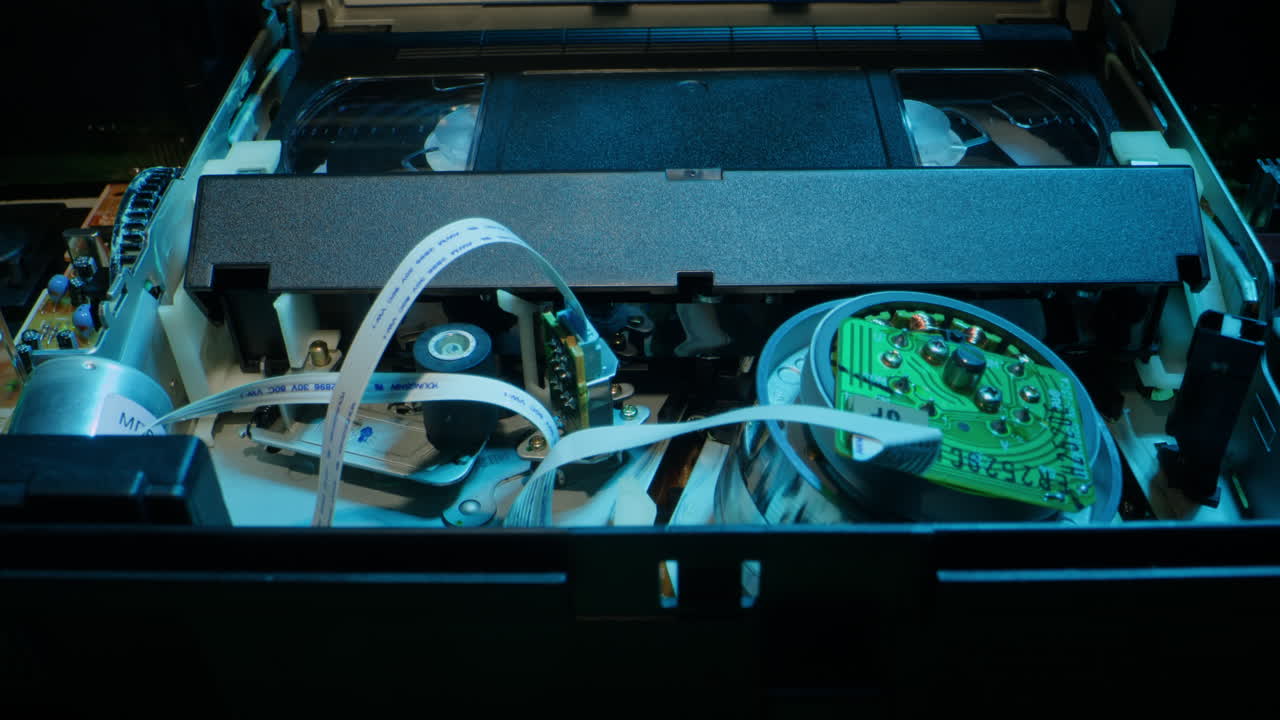 Old video recorder inside close-up, VHS. Retro player in neon blue light, vintage video cassette broadcasting, audio tape.