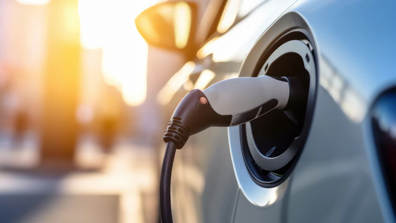 Close-up shot of an electric car charging, captured at a low angle with sunlight
