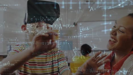 Animation-of-mathematical-equations-over-schoolboy-wearing-vr-headset