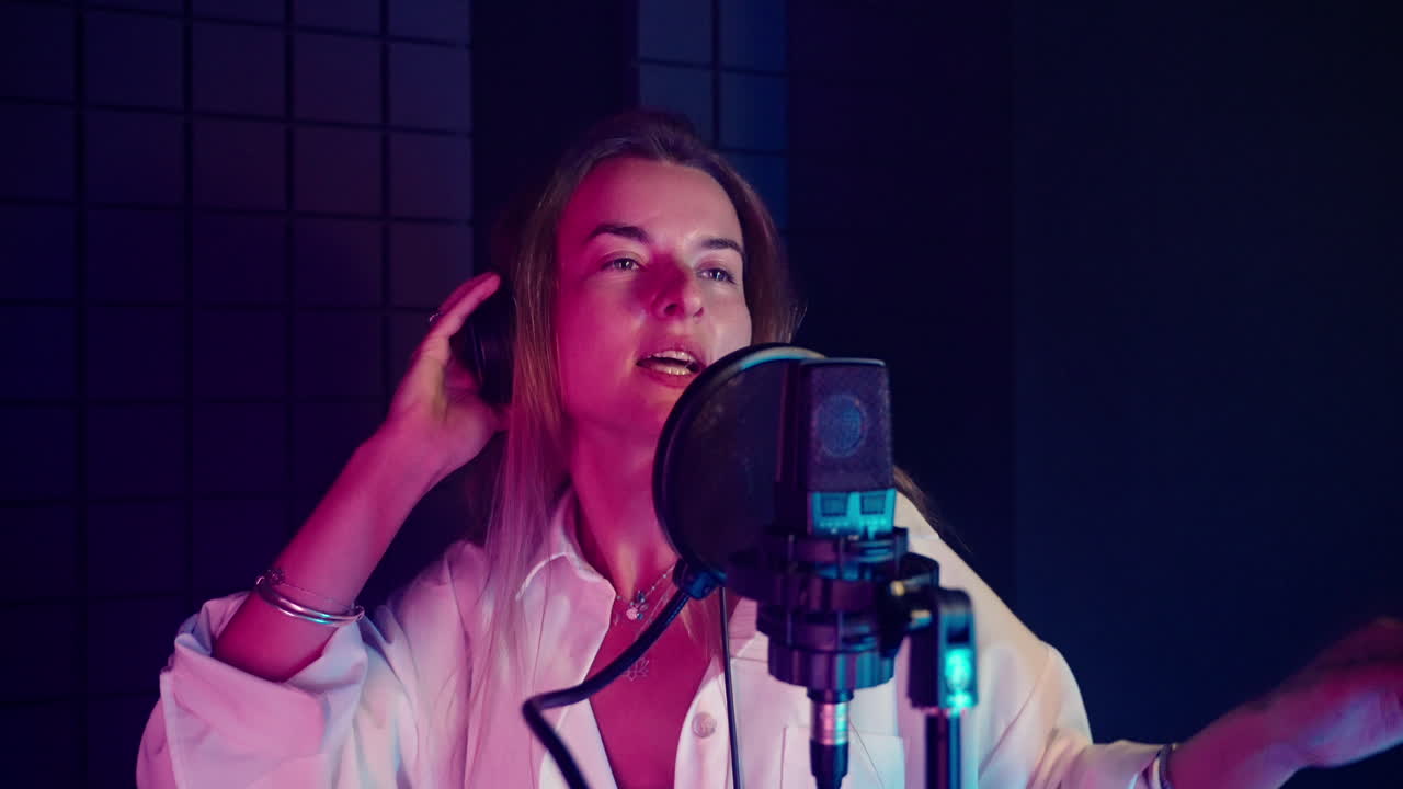 mujer cantando en un estudio de grabación