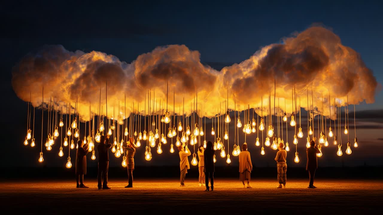 A mesmerizing display of illuminated clouds, where figures stand beneath glowing bulbs, creating an ethereal atmosphere that highlights the interplay of light and shadow in twilight