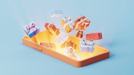 gift boxes coming out from the mobile phone, 3d rendering.