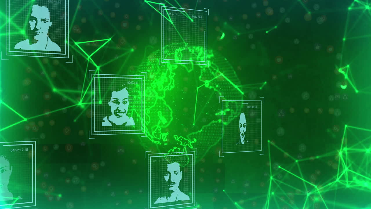 Animation showing digital network connecting faces over glowing green globe