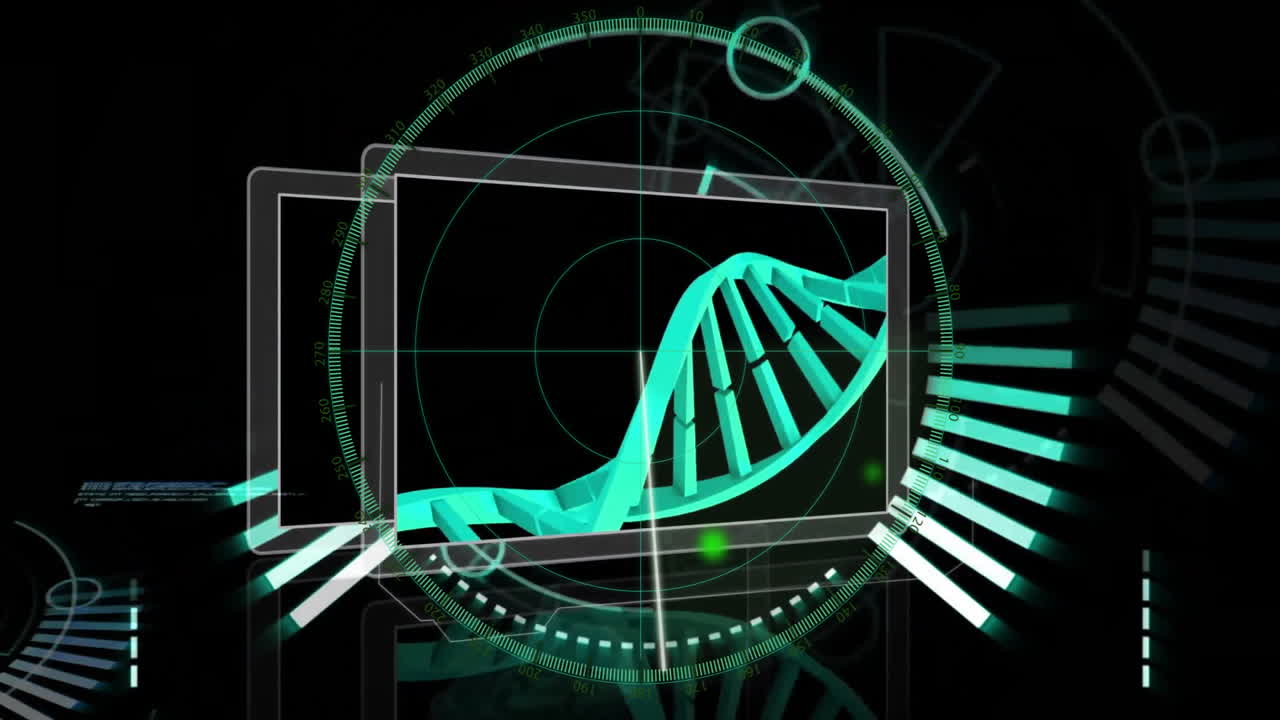 animación de cadena de adn y procesamiento de datos científicos sobre un fondo negro