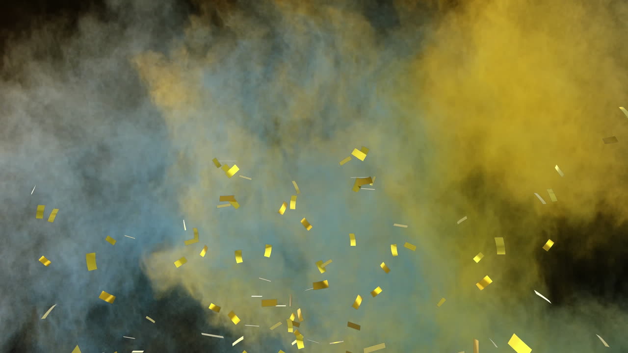 Animasi confetti emas berjatuhan, dengan bubuk berwarna kuning dan biru di latar belakang hitam