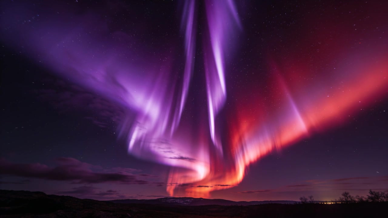 Il vento solare invia tende aurorali che si attorcigliano sopra le colline notturne, formando pilastri viola, magenta e rossi.