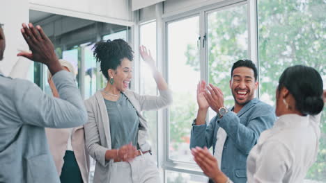 celebration, hand stack and happy business people